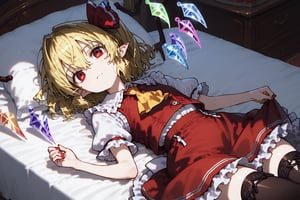 Score9, Score8up, Score7up, volumetric_lighting, chiaroscuro_lighting, shaders, high_angle, 1girl, (Flandre_Scarlet, petite), solo, blonde_hair, red_eyes, sidelong_glance, melancholic, subtle_bandages, laying_on_bed, red_vest, frilled_skirt, white_shirt, yellow_ascot_tie black_laced_thigh-highs, pointy_ears, flat_chest, dark_room