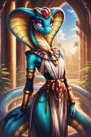 Score_9, Score_8_up, Score_7_up, hi-res, high_resolution, volumetric_lighting, chiaroscuro_lighting, vibrant, ((naga)), snake, scalie, (egyptian, sly), wide_hips, slim_waist, flat_chest, ((expressive,  thick_eyelashes, detailed_expression)), by; minus8, by: teckworks, by: 0r0ch1, by: dimwitdog, 1girl, armor, jewelry, interior, intricate