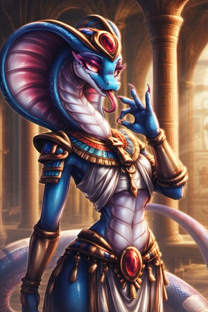 Score_9, Score_8_up, Score_7_up, hi-res, high_resolution, volumetric_lighting, chiaroscuro_lighting, vibrant, portrait, ((naga)), snake, scalie, (egyptian, sly), wide_hips, slim_waist, flat_chest, ((expressive,  thick_eyelashes, detailed_expression)), tongue_out, cute_hand_gesture, claws, by; minus8, by: teckworks, by: 0r0ch1, by: dimwitdog, 1girl, armor, jewelry, interior, intricate