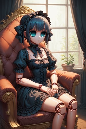 Score_9, Score_8_up, Score_7_up, volumetric_lighting, chiaroscuro_lighting, portrait, 1girl, gothic_lolita, doll_joints, expresionless, empty_eyes, dark_room_scenery, petite, sitting_in_armchair