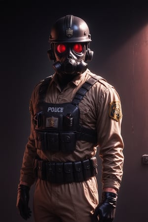 Score_9, Score_8_up, Score_7_up, volumetric_lighting, captivating,  waist-up_portrait, grbtw artstyle, faceless_man, police, (((helmet_with_gasmask))), (modern_black_armor, red_lenses, red_glow, kevlar, stylized, cinematic_scene, thriller_theme, standing_in_a_doorframe, raising_a_hand), solo,  darkness, desolate_station_interior, retro_anime, british