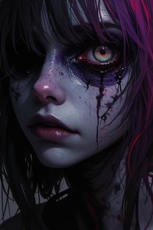 A  vibrant, stylized close-up shot of a cute zombie-girl with focusing on a failed jester makeup. Her grey skin is illuminated by soft, volumetric lighting, with chiaroscuro shadows emphasizing the intricate details of stitches in the skin and the hair covering an empty eye socket. Runny mascara adds to the eerie atmosphere, as she poses solo, her failed makeup the focal point. Inspired by Junji Ito's dark whimsy, this halloween-themed image evokes a sense of haunting beauty.