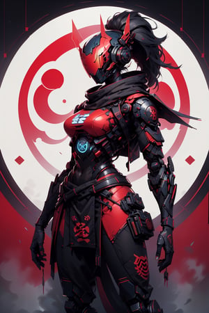 (masterpiece, best quality, volumetric lighting, absurdres, 8k, chiaroscuro lighting, Saturated_colors, intricately_detailed, Shinobitech), wide_hips, (1_girl, white_metal_body, faceless, edgerunner, robot_girl, red_neon_trim, helmet_with_red_visor, ponytail), blad4