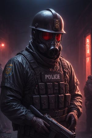 Score_9, Score_8_up, Score_7_up, volumetric_lighting, captivating,  waist-up_portrait, grbtw artstyle, faceless_man, corporate_police, (((helmet_with_gasmask))), (holding_a_gun, black_armor, red_lenses, red_glow, kevlar, stylized, cinematic_scene, thriller_theme), night, desolate_station_interior, solo, winter, retro_anime, british