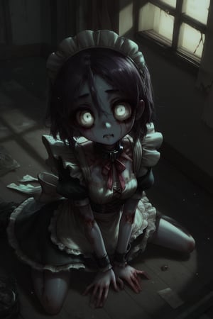 Score_9, Score_8_up, Score_7_up, volumetric_lighting, chiaroscuro_lighting, shaders, by: canaryprimary, 1girl, high_angle, solo, intricate, ((detailed, dynamic, zombie-girl, inviting)), cute, (maid_outfit, empty_eyes, atmospheric, moonlight, detailed_eyes, detailed_expression), light_particles, collar, dark_interior, soft_light, stylized, 