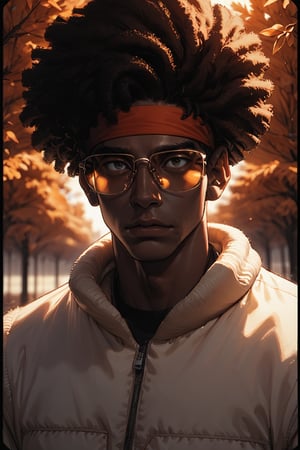 Score_9, Score_8_up, Score_7_up, volumetric_lighting, chiaroscuro_lighting, shaders, by: krekk0v, by: teckworks, by: pixelsketcher, by: minus8, solo, 1boy, portrait, shades, autumn, dusk, (source_comic, african, ebony), black_afro_hair, dark_theme, atmospheric, bomber_jacket, headband, stoic