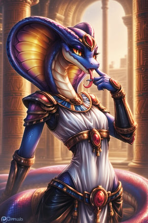 Score_9, Score_8_up, Score_7_up, hi-res, high_resolution, volumetric_lighting, chiaroscuro_lighting, vibrant, portrait, ((naga)), snake, scalie, (egyptian, sly), wide_hips, slim_waist, flat_chest, ((expressive,  thick_eyelashes, detailed_expression)), tongue_out, cute_hand_gesture, claws, by; minus8, by: teckworks, by: 0r0ch1, by: dimwitdog, 1girl, armor, jewelry, interior, intricate