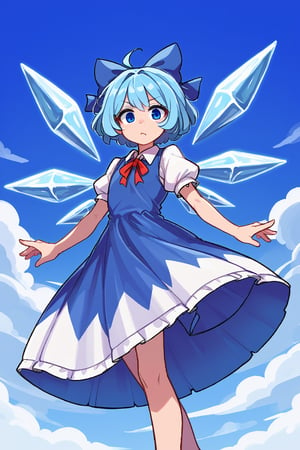 Score9, Score8up, Score7up, dramatic_lighting, shaders, 1girl, by: krekk0v, by: teckworks, by: dimwitdog, by: pixelsketcher, by: minus8, low_angle, (Cirno, petite), clear_sky,  wings, blue_eyes, dress, bow, ice_wings, blue_hair, ice, blue_dress, short_sleeves, blue_bow, short_hair, hair_bow, puffy_sleeves, red_ribbon, flat_chest, wind