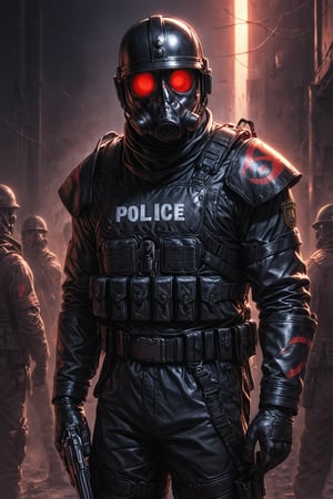 Score_9, Score_8_up, Score_7_up, volumetric_lighting, captivating,  waist-up_portrait, grbtw artstyle, faceless_man, standing_in_a_doorframe, (police), (((helmet_with_gasmask))), (modern_black_armor, red_lenses, red_glow, kevlar, stylized, cinematic_scene, thriller_theme, aiming_a_pistol), darkness, desolate_interior, solo, retro_anime, british