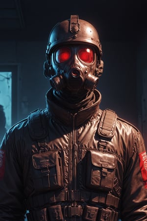 Score_9, Score_8_up, Score_7_up, volumetric_lighting, captivating,  waist-up_portrait, grbtw artstyle, faceless_man, police, (((helmet_with_gasmask))), (modern_black_armor, red_lenses, red_glow, kevlar, stylized, cinematic_scene, thriller_theme), night, desolate_station_interior, solo, winter, retro_anime, british