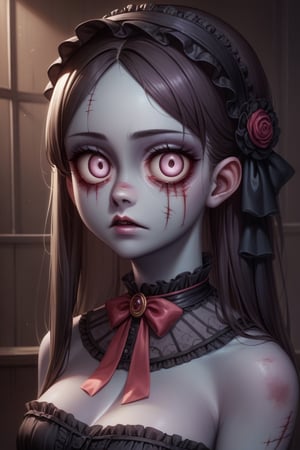 Score_9, Score_8_up, Score_7_up, volumetric_lighting, chiaroscuro_lighting, 1girl, gothic_lolita, (portrait), ((zombie)), empty_eyes, (dark_room_background), looking_at_viewer, 