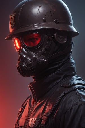 Score_9, Score_8_up, Score_7_up, volumetric_lighting, captivating,  waist-up_portrait, grbtw artstyle, faceless_man, standing_in_a_doorframe, (police), (((helmet_with_gasmask))), (modern_black_armor, red_lenses, red_glow, kevlar, stylized, cinematic_scene, thriller_theme), darkness, desolate_interior, solo, retro_anime, british