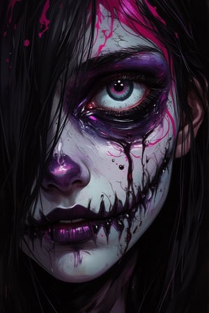 A  vibrant, stylized close-up illustration of a cute zombie-girl with focusing on a failed jester makeup. The scene is illuminated by soft, volumetric lighting, with chiaroscuro shadows emphasizing the intricate details of stitches in the skin. Runny mascara adds to the eerie atmosphere, as she poses solo, her hair one empty eye socket hidden behind cascading hair. Inspired by Junji Ito's dark whimsy, this halloween-themed image evokes a sense of haunting beauty.