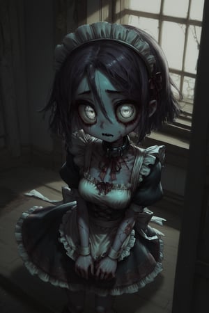 Score_9, Score_8_up, Score_7_up, volumetric_lighting, chiaroscuro_lighting, shaders, by: canaryprimary, 1girl, high_angle, solo, intricate, ((detailed, dynamic, zombie-girl, inviting)), cute, (maid_outfit, empty_eyes, atmospheric, moonlight, detailed_eyes, detailed_expression), light_particles, collar, dark_interior, soft_light, stylized, 