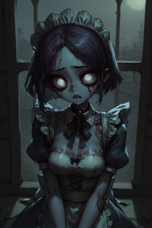 Score_9, Score_8_up, Score_7_up, volumetric_lighting, chiaroscuro_lighting, shaders, by: canaryprimary, 1girl, high_angle, solo, intricate, ((detailed, dynamic, zombie-girl, inviting)), (maid_outfit, empty_eyes, atmospheric, moonlight, detailed_eyes, detailed_expression), light_particles, collar, dark_interior, soft_light, stylized, 