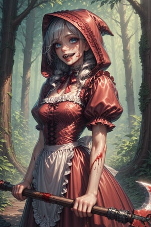 Score_9, Score_8_up, Score_7_up, volumetric_lighting, chiaroscuro_lighting, by: teckworks, by: pixelsketcher, by: kanel, solo, intricate, victorian, darkness, dramatic_lighting,  red_dress, white_apron, red_hood, white_hair, blue_eyes, petite, ((posing_with_a_greataxe, stylized, expressive)), holding, sharp_teeth, blood, stylish, dark_fantasy_forest_background