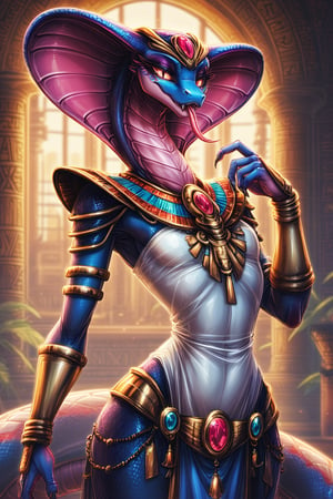 Score_9, Score_8_up, Score_7_up, hi-res, high_resolution, volumetric_lighting, chiaroscuro_lighting, vibrant, portrait, ((naga)), snake, scalie, (egyptian, sly), wide_hips, slim_waist, flat_chest, ((expressive,  thick_eyelashes, detailed_expression, inviting_pose)), tongue_out, claws, by; minus8, by: teckworks, by: 0r0ch1, by: dimwitdog, 1girl, armor, jewelry, interior, intricate