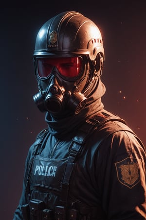 Score_9, Score_8_up, Score_7_up, volumetric_lighting, captivating,  waist-up_portrait, grbtw artstyle, faceless_man, police, standing_in_a_doorframe, light_particles, (((helmet_with_gasmask))), (modern_black_armor, red_lenses, red_glow, kevlar, stylized, cinematic_scene, thriller_theme), darkness, desolate_interior, solo, retro_anime, british