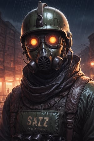 Score_9, Score_8_up, Score_7_up, volumetric_lighting, captivating,  portrait, grbtw artstyle, faceless_man, military, armor, mercenary, (((helmet_with_gasmask, goggles_over_eyes))), (kevlar, stylized, haunting_scene, thriller_theme), night, desolate_town, solo, rain, backpack, retro_anime