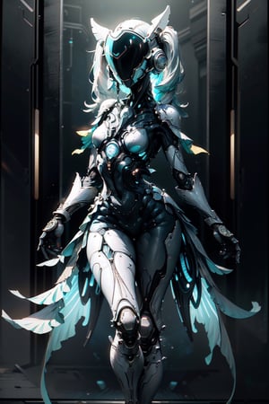 (masterpiece, best quality, volumetric lighting, absurdres, 8k, chiaroscuro lighting, Saturated_colors, intricately_detailed, neotech, slick), wide_hips, (1_girl, white_metal_body, faceless, cute, cyan_neon_trim, helmet_with_blue_visor, long_twintails,), yareli, Style_SM