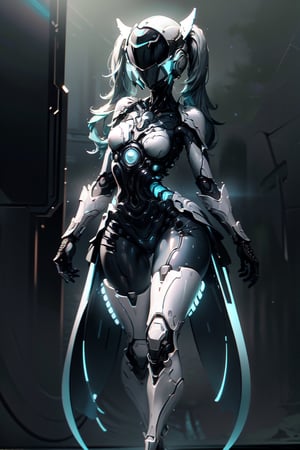 (masterpiece, best quality, volumetric lighting, absurdres, 8k, chiaroscuro lighting, Saturated_colors, intricately_detailed, neotech), ((slick)), wide_hips, (1_girl, white_metal_body, faceless, cute, cyan_neon_trim, helmet_with_blue_visor, long_twintails,), yareli, Style_SM