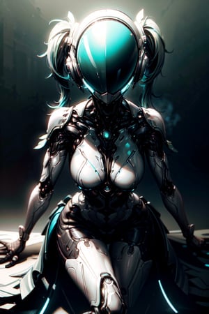 (masterpiece, best quality, volumetric lighting, absurdres, 8k, chiaroscuro lighting, Saturated_colors, intricately_detailed, neotech, slick), (1_girl, white_metal_body, faceless, cute, cyan_neon_trim, helmet_with_blue_visor, long_twintails,), yareli
