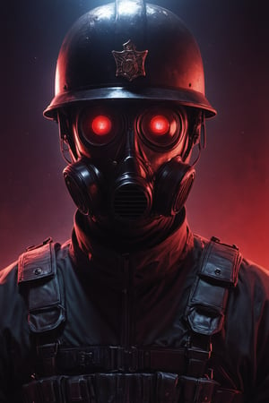 Score_9, Score_8_up, Score_7_up, volumetric_lighting, captivating,  waist-up_portrait, grbtw artstyle, faceless_man, police, standing_in_a_doorframe, light_particles, (((helmet_with_gasmask))), (modern_black_armor, red_lenses, red_glow, kevlar, stylized, cinematic_scene, thriller_theme), night, desolate_station_interior, solo, retro_anime, british