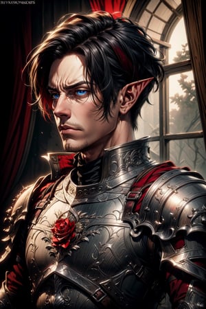 (masterpiece, best quality, extremely detailed, intricately detailed, photo-realistic, absurdres, elf, pale, 1_boy), chiaroscuro lighting, ray tracing, polished, high resolution, volumetric lighting, ((red accents, maroon attachments, intricate cuirass, black hair)), tired blue eyes, eyeshadow, frowning handsome face, perfect hands,  More Detail,feitan,Levi Ackerman,