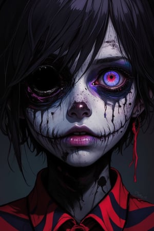 A  vibrant, stylized close-up shot of a cute zombie-girl with focusing on a failed jester makeup. The scene is illuminated by soft, volumetric lighting, with chiaroscuro shadows emphasizing the intricate details of stitches in the skin and the hair covering an empty eye socket. Runny mascara adds to the eerie atmosphere, as she poses solo, Inspired by Junji Ito's dark whimsy, this halloween-themed image evokes a sense of haunting beauty.