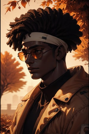 Score_9, Score_8_up, Score_7_up, volumetric_lighting, chiaroscuro_lighting, shaders, by: krekk0v, by: teckworks, by: pixelsketcher, by: minus8, solo, 1boy, portrait, shades, autumn, dusk, (source_comic, african, ebony), black_afro_hair, dark_theme, atmospheric, bomber_jacket, headband, stoic