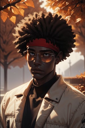 Score_9, Score_8_up, Score_7_up, volumetric_lighting, chiaroscuro_lighting, shaders, by: krekk0v, by: teckworks, by: pixelsketcher, by: minus8, solo, 1boy, portrait, shades, autumn, dusk, (source_comic, african, ebony), black_afro_hair, dark_theme, atmospheric, bomber_jacket, headband, stoic