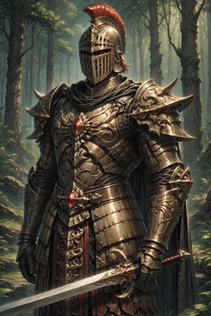 Score_9, Score_8_up, Score_7_up, volumetric_lighting, captivating,  (chitin_armor, stylised), man, intricate, knight, helmet, scorpion_theme, red_gem_decorations, cloak, forest, solo, holding, posing_with_a_sword