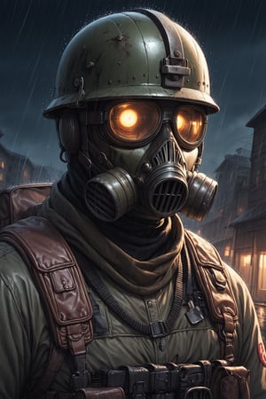 Score_9, Score_8_up, Score_7_up, volumetric_lighting, captivating,  portrait, grbtw artstyle, faceless_man, military, armor, mercenary, (((helmet_with_gasmask, goggles_over_eyes))), (kevlar, stylized, haunting_scene, thriller_theme), night, desolate_town, solo, rain, backpack, retro_anime