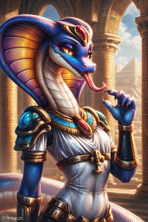 Score_9, Score_8_up, Score_7_up, hi-res, high_resolution, volumetric_lighting, chiaroscuro_lighting, vibrant, portrait, ((naga)), snake, scalie, (egyptian, sly), slim_waist, flat_chest, ((expressive,  thick_eyelashes, detailed_expression, teasing)), tongue_out, claws, by; minus8, by: teckworks, by: 0r0ch1, by: dimwitdog, 1girl, armor, jewelry, interior, intricate