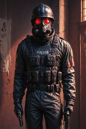 Score_9, Score_8_up, Score_7_up, volumetric_lighting, captivating,  waist-up_portrait, grbtw artstyle, faceless_man, standing_in_a_doorframe, (police), (((helmet_with_gasmask))), (modern_black_armor, red_lenses, red_glow, kevlar, stylized, cinematic_scene, thriller_theme, holding_a_pistol_in_one_hand), darkness, desolate_interior, solo, retro_anime, british