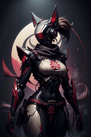 (masterpiece, best quality, volumetric lighting, absurdres, 8k, chiaroscuro lighting, Saturated_colors, intricately_detailed, Shinobitech, robot_girl), wide_hips, 1_girl, white_metal_body, faceless, red_neon_trim, helmet_with_red_visor, metal_fox_ears, ponytail, 