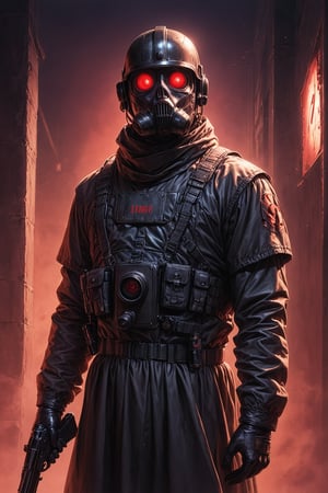 Score_9, Score_8_up, Score_7_up, volumetric_lighting, captivating,  waist-up_portrait, grbtw artstyle, faceless_man, corporate, (((helmet_with_gasmask))), (holding_a_gun, black_armor, red_lenses, red_glow, kevlar, stylized, cinematic_scene, thriller_theme), night, desolate_station_interior, solo, winter, retro_anime, british