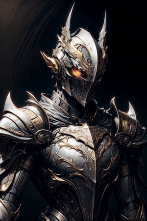 (masterpiece, best_quality, volumetric_lighting, absurdres, 8k, chiaroscuro_lighting, ray_tracing, intricately_detailed), ((portrait)), WARFRAME, (((robot, knight)), (((bishop))), 1_boy, (Steel_armor, golden_trim, white_cloth attachments :1.2, white_cloak), glowing_amber_eyes, 