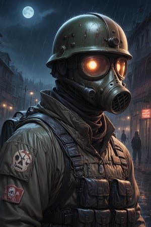 Score_9, Score_8_up, Score_7_up, volumetric_lighting, captivating,  portrait, grbtw artstyle, faceless_man, military, armor, mercenary, (((helmet_with_gasmask, goggles_over_eyes))), (kevlar, stylized, haunting_scene, thriller_theme), night, desolate_town, solo, rain, backpack, retro_anime