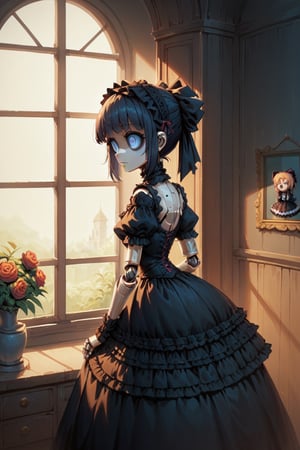 Score_9, Score_8_up, Score_7_up, volumetric_lighting, chiaroscuro_lighting, portrait, 1girl, gothic_lolita, doll_joints, expresionless, stylized_empty_eyes, dark_room_scenery, petite, confused, night