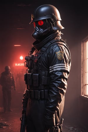 Score_9, Score_8_up, Score_7_up, volumetric_lighting, captivating,  waist-up_portrait, grbtw artstyle, faceless_man, police, (((helmet_with_gasmask))), (modern_black_armor, red_lenses, red_glow, kevlar, stylized, cinematic_scene, thriller_theme, standing_in_a_doorframe), holding_a_gun, darkness, solo,  desolate_station_interior, retro_anime, british