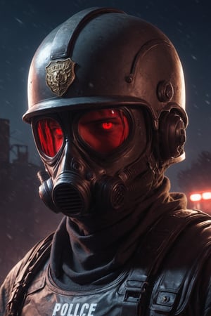 Score_9, Score_8_up, Score_7_up, volumetric_lighting, captivating,  waist-up_portrait, grbtw artstyle, faceless_man, police, (((helmet_with_gasmask))), (modern_black_armor, red_lenses, red_glow, kevlar, stylized, cinematic_scene, thriller_theme), winter,  night, solo, retro_anime,  desolate_station_interior, british, realistic