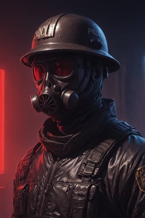 Score_9, Score_8_up, Score_7_up, volumetric_lighting, captivating,  waist-up_portrait, grbtw artstyle, faceless_man, SWAT, police, (((helmet_with_gasmask))), (black_armor, red_lenses, red_glow, kevlar, stylized, cinematic_scene, thriller_theme), night, desolate_station_interior, solo, winter, retro_anime, british