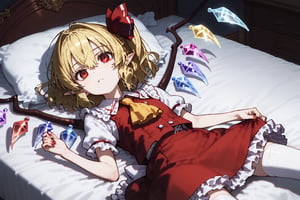 Score9, Score8up, Score7up, volumetric_lighting, chiaroscuro_lighting, shaders, high_angle, 1girl, (Flandre_Scarlet, petite), solo, blonde_hair, red_eyes, sidelong_glance, melancholic, subtle_bandages, laying_on_bed, red_vest, frilled_skirt, white_shirt, yellow_ascot_tie black_laced_thigh-highs, pointy_ears, flat_chest, dark_room