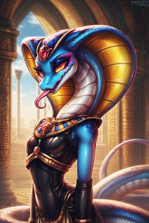 Score_9, Score_8_up, Score_7_up, hi-res, high_resolution, volumetric_lighting, chiaroscuro_lighting, vibrant, portrait, ((naga)), snake, scalie, (egyptian, sly), wide_hips, slim_waist, flat_chest, ((expressive,  thick_eyelashes, detailed_expression)), tongue_out, by; minus8, by: teckworks, by: 0r0ch1, by: dimwitdog, 1girl, armor, jewelry, interior, intricate