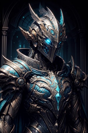 (masterpiece, best_quality, volumetric_lighting, absurdres, 8k, chiaroscuro_lighting, ray_tracing, intricately_detailed), ((portrait)), WARFRAME, (((robot, knight)), (((wizard))), 1_boy, (Steel_armor, cyan_trim, blue_cloth attachments :1.2, blue_cloak), glowing_cyan_eyes, 