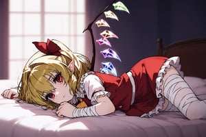 Score9, Score8up, Score7up, volumetric_lighting, chiaroscuro_lighting, shaders, by: vksuika, by: 0r0ch1, by: krekk0v, 1girl, (Flandre_Scarlet, petite), solo, blonde_hair, red_eye, empty_eyes, sidelong_glance, melancholic, subtle_bandages, laying_on_bed, red_vest, frilled_skirt, white_shirt, yellow_ascot_tie black_laced_thigh-highs, pointy_ears, flat_chest, dark_room