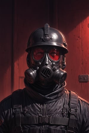 Score_9, Score_8_up, Score_7_up, volumetric_lighting, captivating,  waist-up_portrait, grbtw artstyle, faceless_man, opening_the_door, police,(((helmet_with_gasmask))), (modern_black_armor, red_lenses, red_glow, kevlar, stylized, cinematic_scene, thriller_theme), darkness, desolate_interior, solo, retro_anime, british