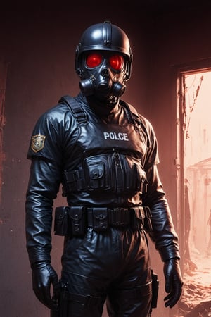 Score_9, Score_8_up, Score_7_up, volumetric_lighting, captivating,  waist-up_portrait, grbtw artstyle, faceless_man, police, (((helmet_with_gasmask))), (modern_black_armor, red_lenses, red_glow, kevlar, stylized, cinematic_scene, thriller_theme, standing_in_a_doorframe, raising_a_hand), solo,  darkness, desolate_station_interior, retro_anime, british