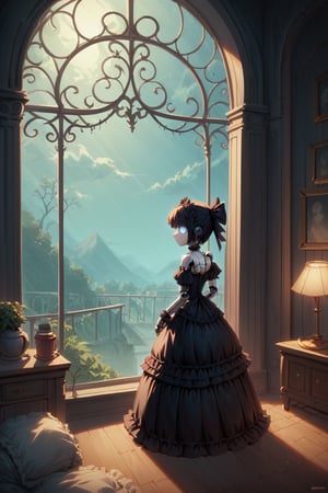 Score_9, Score_8_up, Score_7_up, volumetric_lighting, chiaroscuro_lighting, portrait, 1girl, gothic_lolita, doll_joints, expresionless, stylized_empty_eyes, dark_room_scenery, petite, active_pose, night